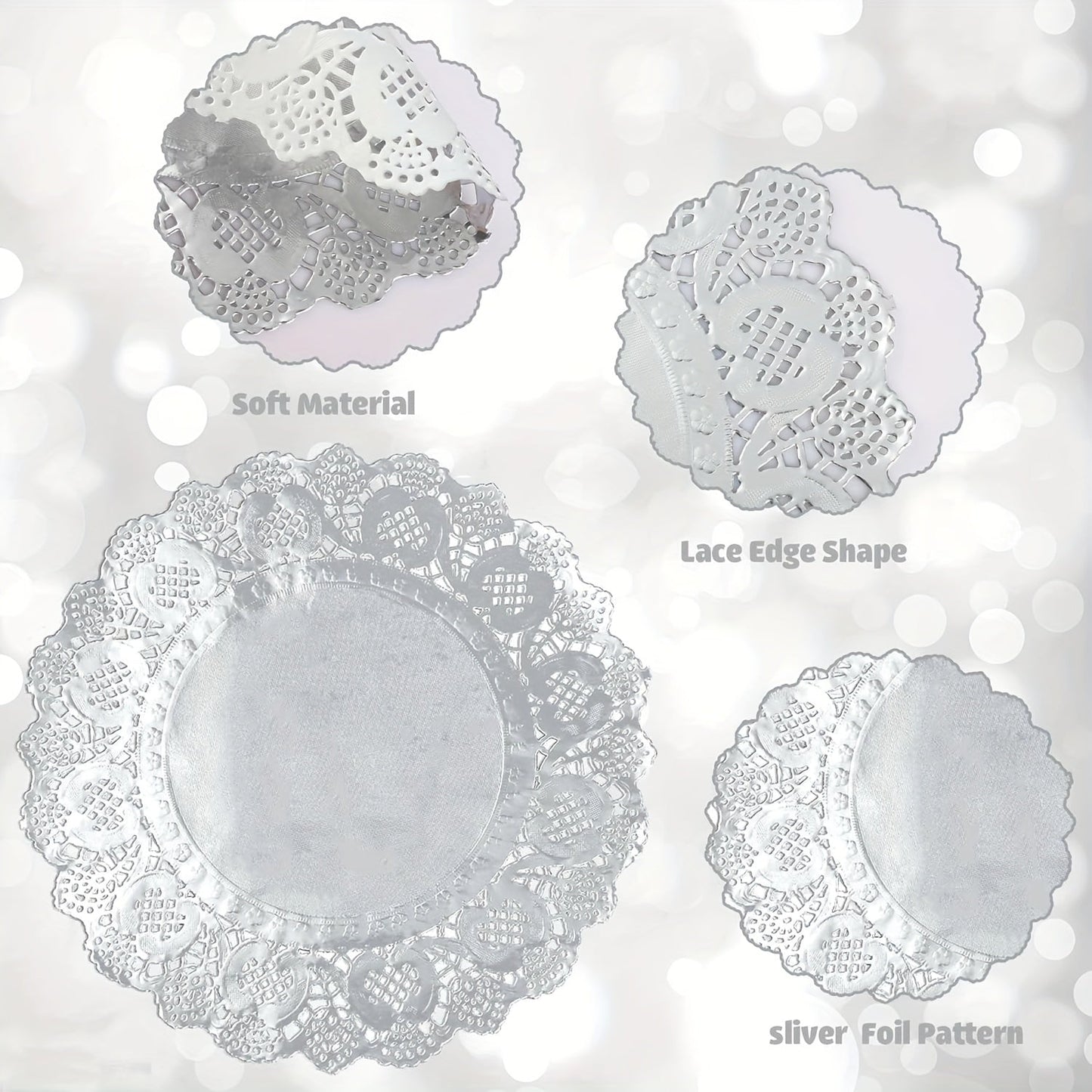 Pack of 100 Silver Lace Round Paper Doilies - Disposable Machine-Made Decorative Mats for Desserts, Fried Foods, Wedding Tables, Christmas Cakes, and Packaging.