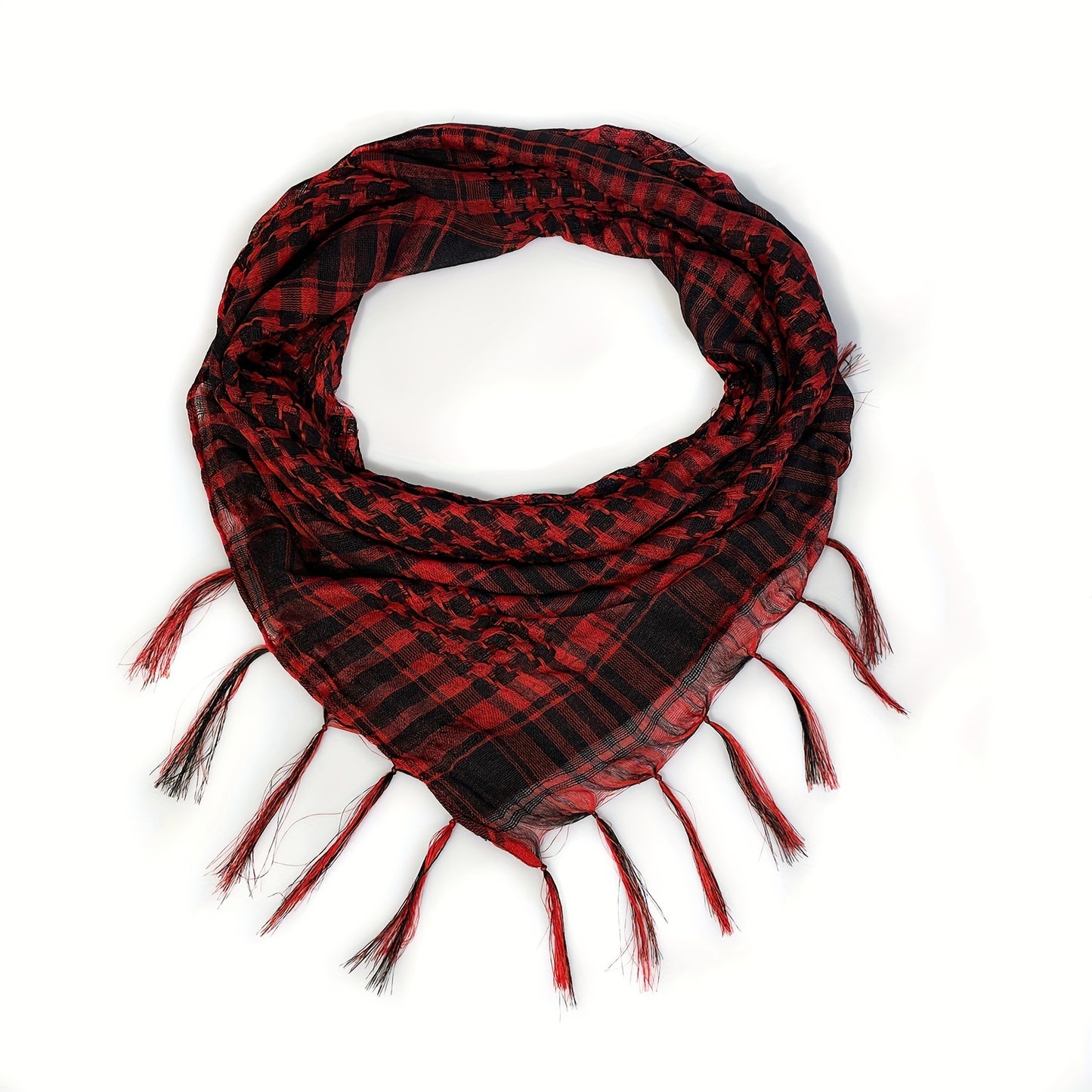 Lightweight Tactical Plaid Scarf - Windproof, Sand-Proof, All-Season Polyester Neck Warmer with Fringe Detail.