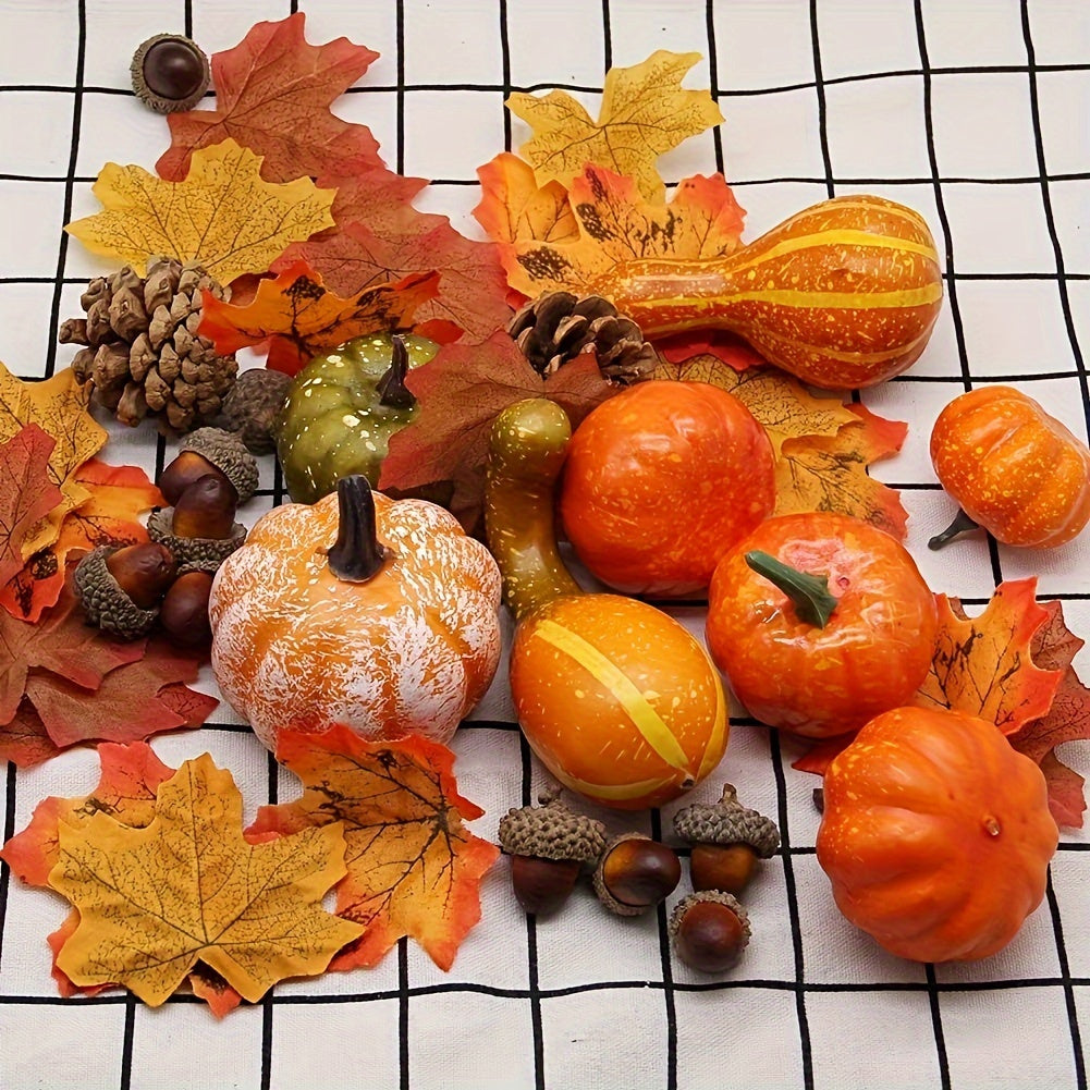 48-piece Autumn Harvest Decor Set featuring artificial pumpkins, gourds, acorns, maple leaves, and pinecones for Thanksgiving, Halloween, and wedding accents. Perfect for fall home decor.