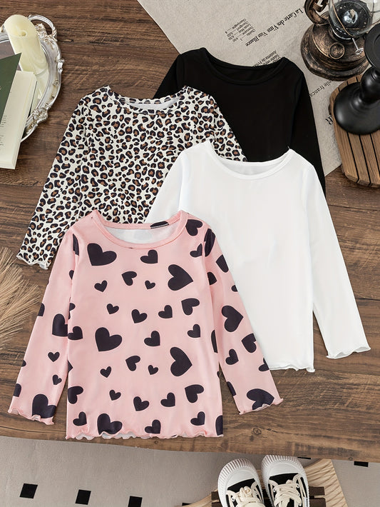 4-piece set of girls' long sleeve t-shirts with solid colors or allover flower patterns, perfect for spring and fall street wear.