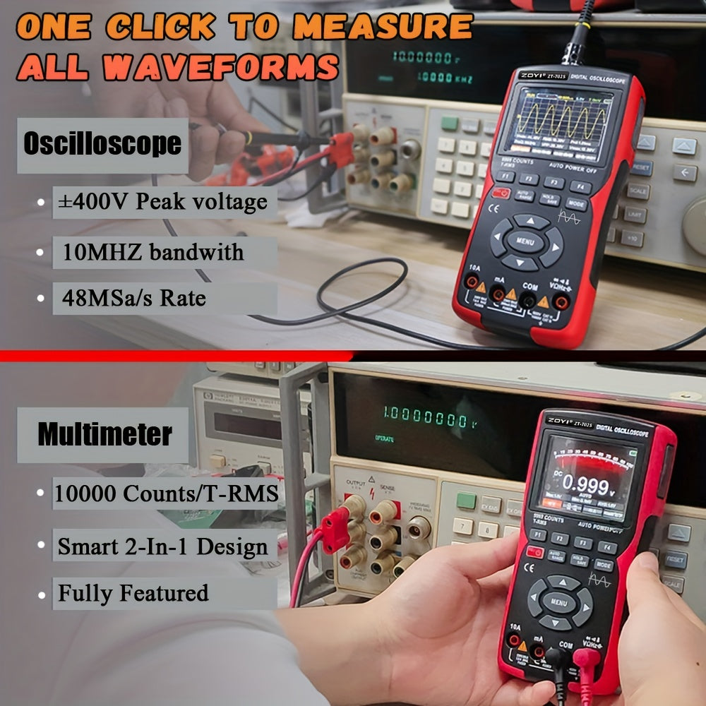 ZOYI ZT-702S is a combo device that integrates a 10MHz digital oscilloscope and multimeter with features such as True RMS, high-speed 48m/S, transistor probe, PC waveform display, and