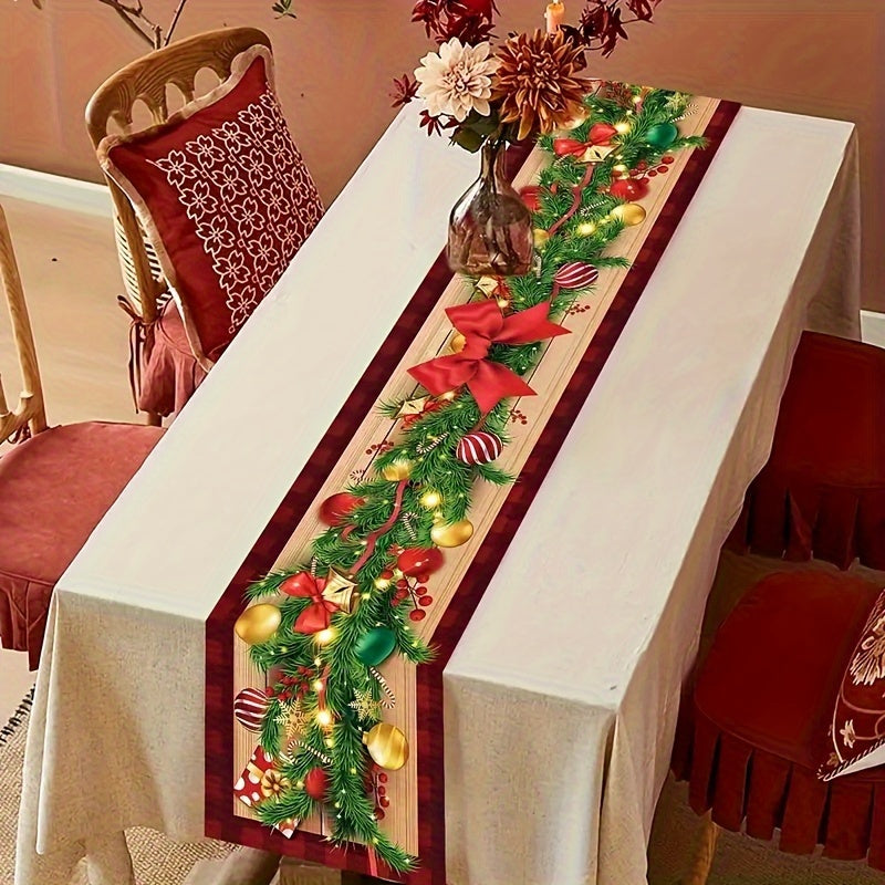 1pc Linen Table Runner featuring a Merry Christmas Ball Buffalo Plaid Pattern, perfect for adding a festive touch to your home decor or as a holiday gift.