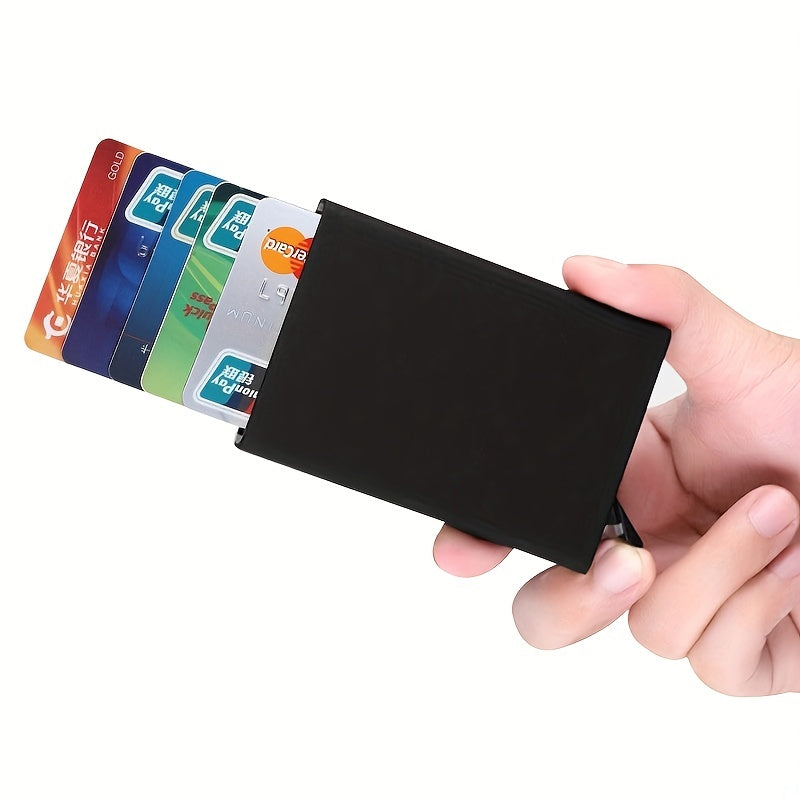 Aluminum RFID-blocking wallet with slim design for men and women, protects cards from damage and theft.