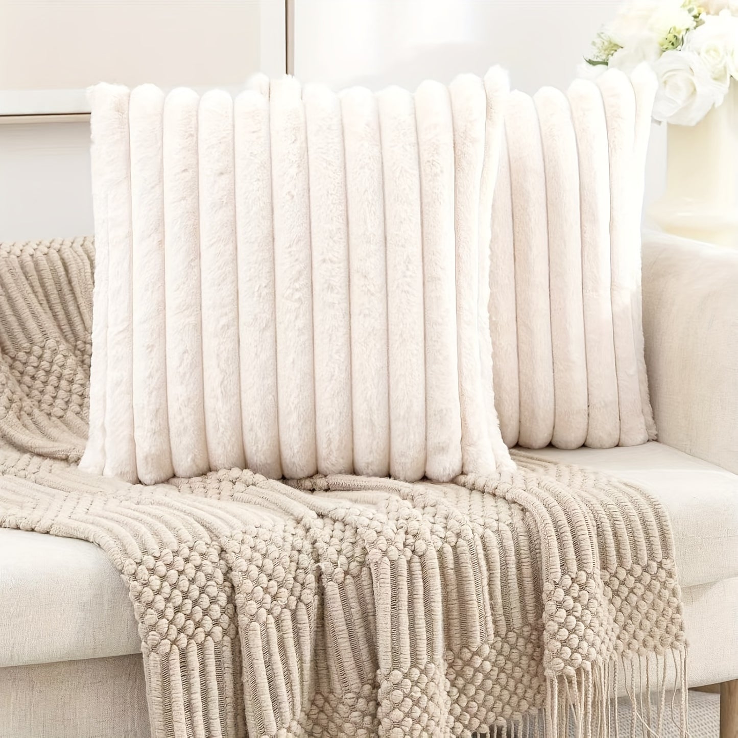 Luxurious faux fur striped pillow covers for sofa or couch - set of 2.