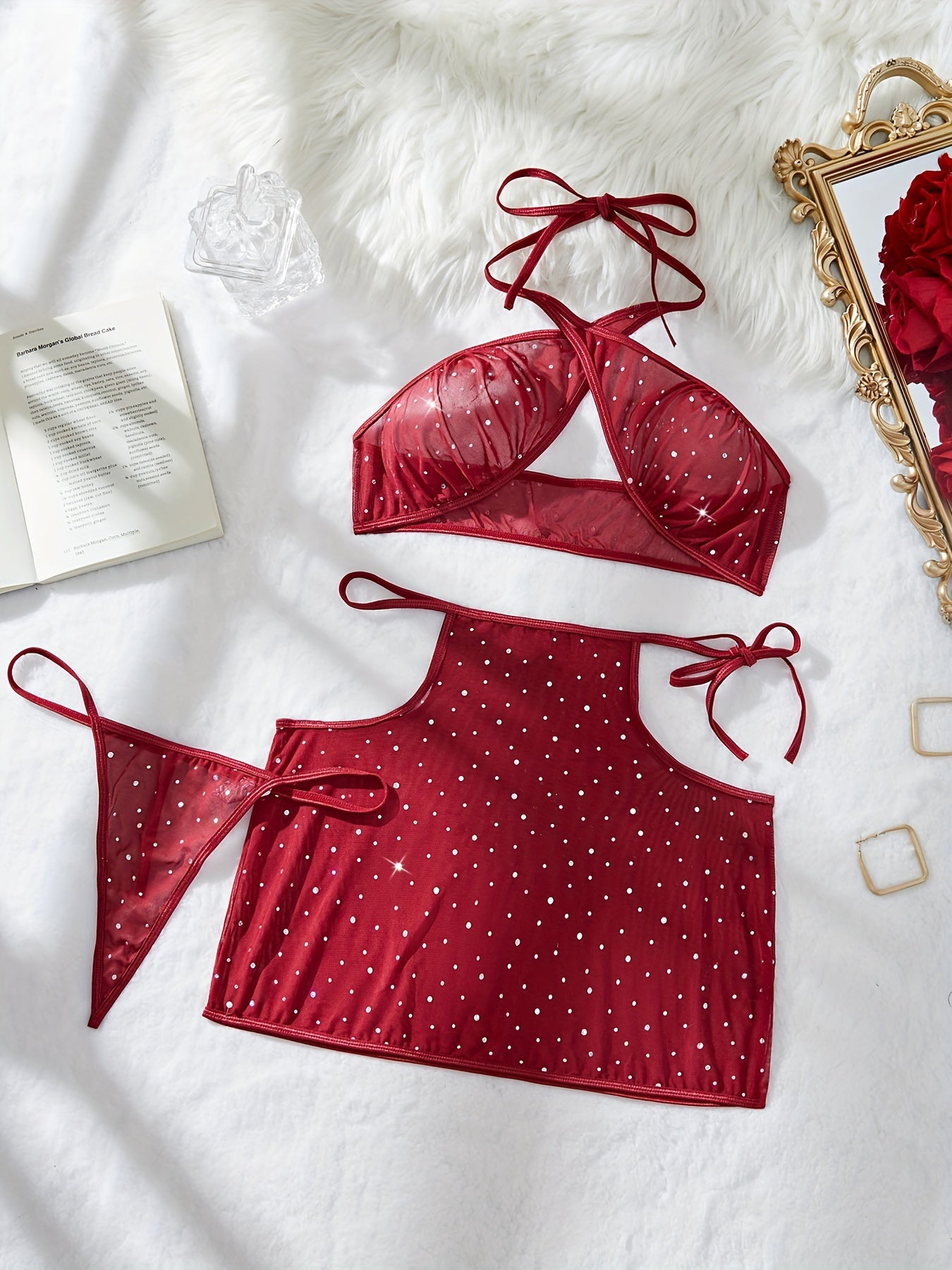 Luxurious red lingerie set with sparkling details - adult, sexy, elegant.