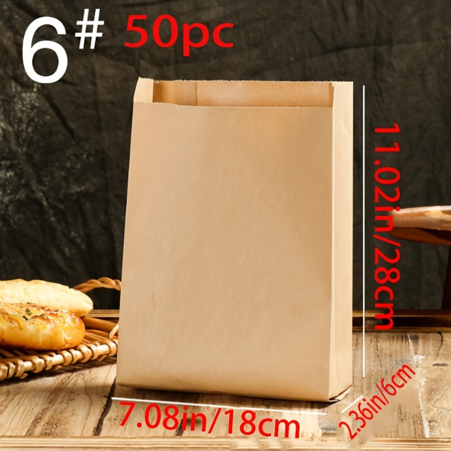 50-count of disposable brown kraft paper bags with fold-top design, perfect for packaging food and vegetables, candy, lunch items, bakery goods such as cookies and bread, and fruits at grocery stores or fruit markets.