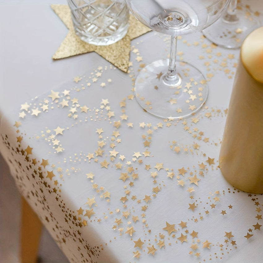 Linen table runner with golden metal organza stars; perfect for Christmas and special occasions. Ideal for room decor or weddings.