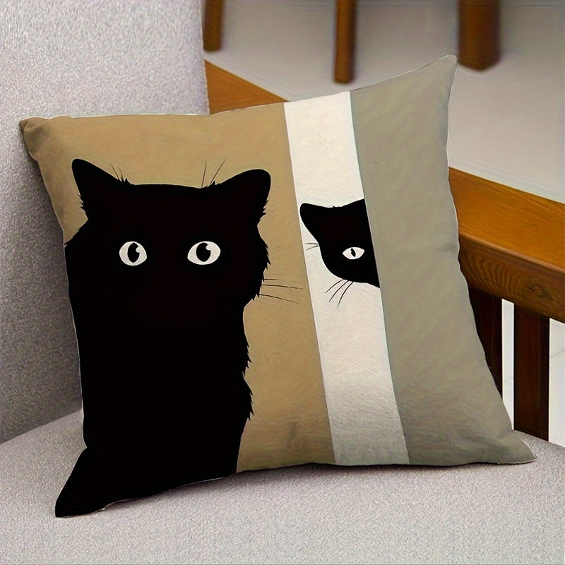 Contemporary Black Cat Design Double-Sided Throw Pillow Cover, 44.96x44.96cm, Abstract Modern Farmhouse Decorative Cushion Case with Zipper Closure for Couch, Patio, Living Room. Machine Washable - Made of 100% Polyester, Insert Not Included.