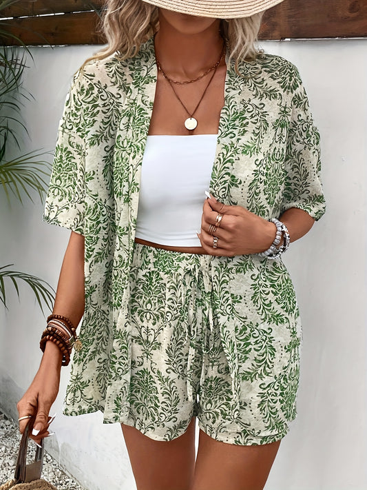 Casual damask print shorts set with open-front blouse and loose tied waist shorts for women.