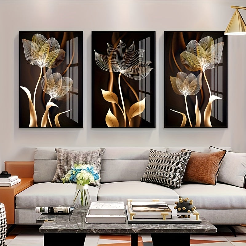 Modern abstract black brown and golden flower picture set, luxury wall art canvas painting for living room decor, frameless.