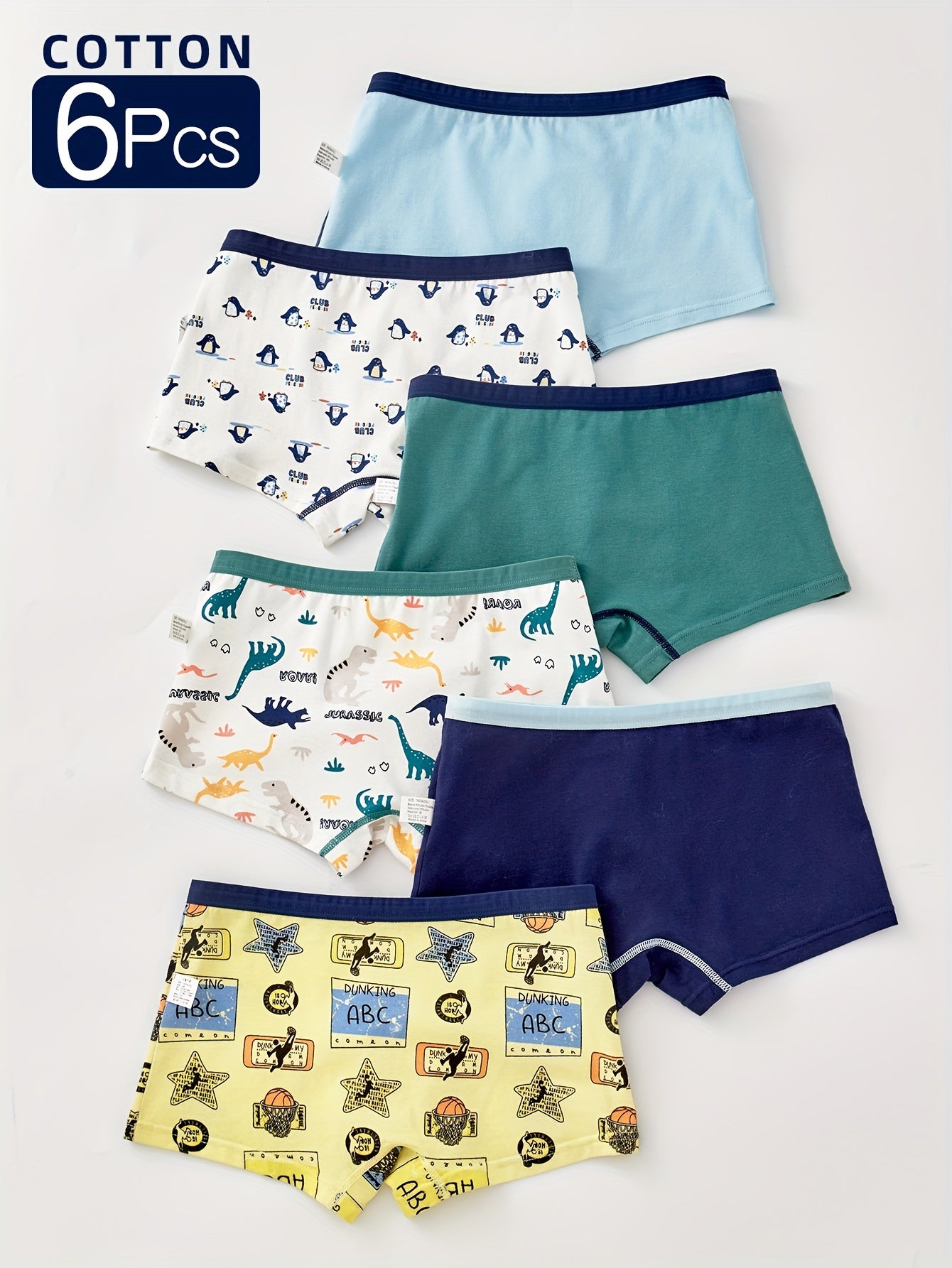 6-Pack Cotton Boys' Boxer Briefs with Cartoon Patterns for Kids 12 and Under - Comfortable Stretch Fit, Spandex Blend, All-Season Shorts