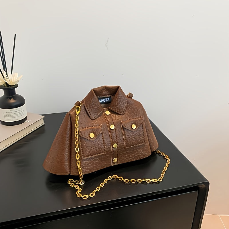 Women's unique shirt style crossbody bag made of faux leather with metal chain strap and magnetic closure. Features solid color, polyester lining, and fashionable mobile phone pouch.