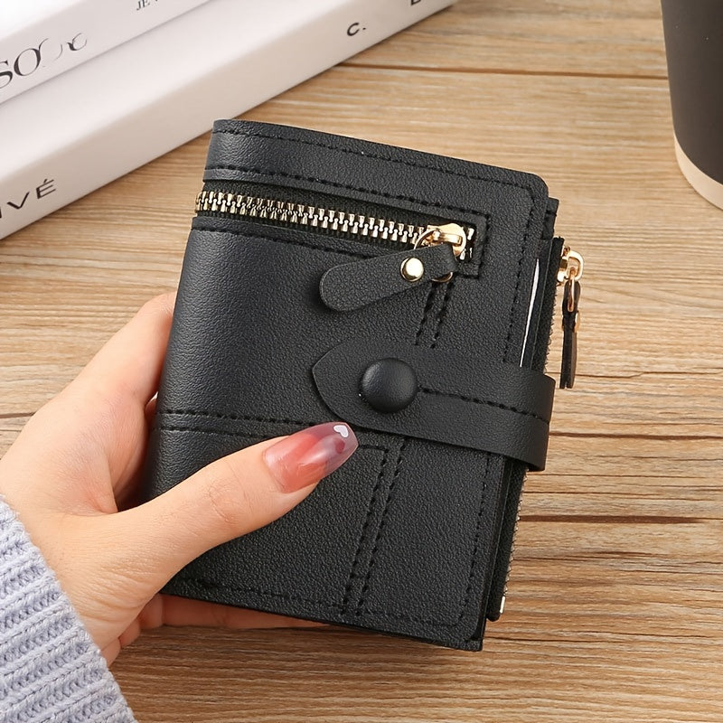 Foldable, stylish short wallet for women with multiple zippers, clasps, and card slots, ideal for coins, change, credit cards, and ID cards.