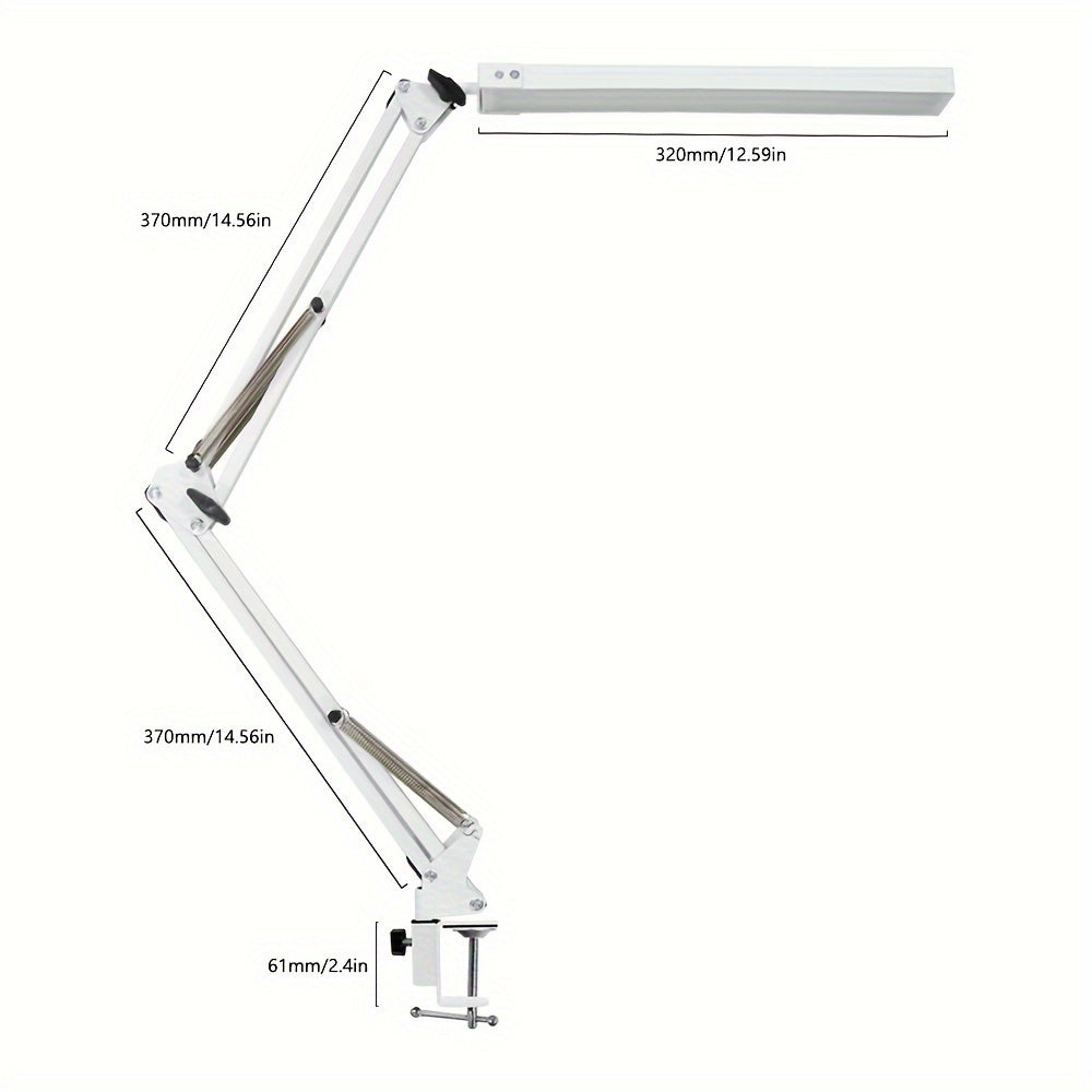 Adjustable LED desk lamp with clip-on base, USB powered, 3 color temperatures & 10 brightness levels. Modern swing arm design for office, reading, and study.