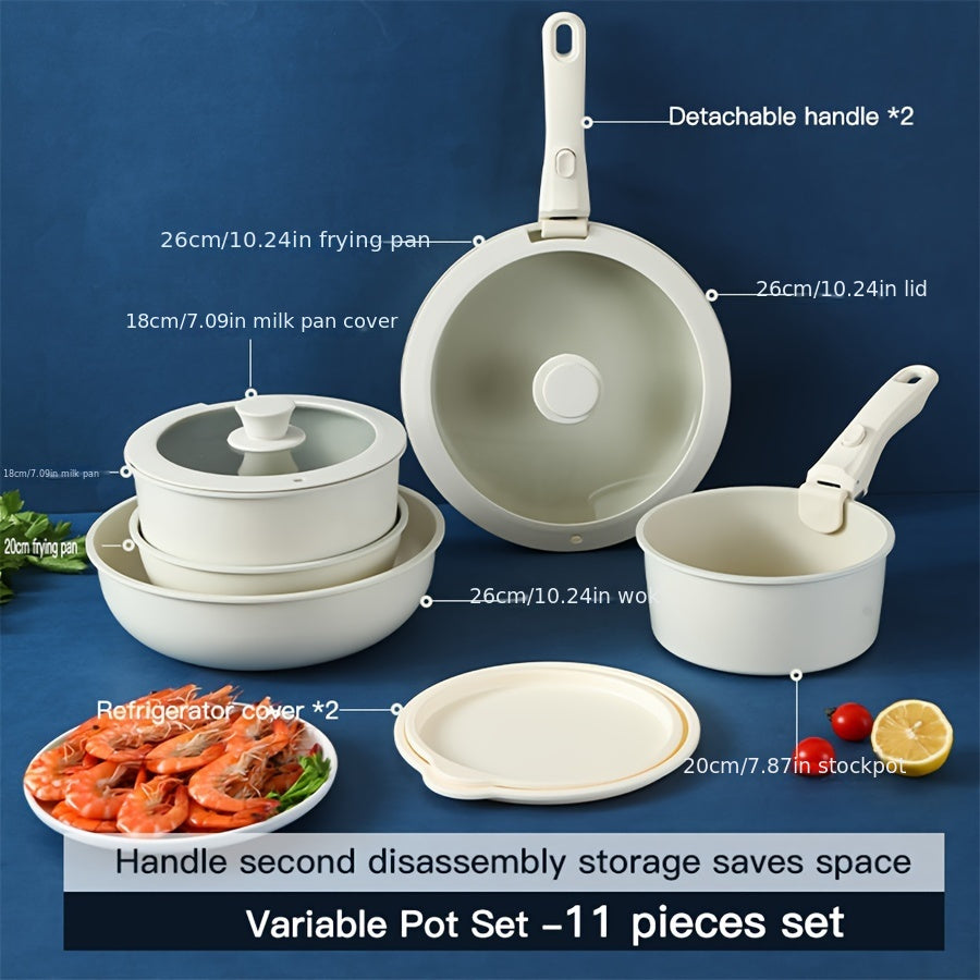 Cook delicious meals with this versatile Aluminum Non-Stick Cookware Set. The Multi-Purpose Detachable Handle Pot and Pan Set features a ceramic coating, perfect for sauteing, braising, and steaming. Designed for use on induction cooktops, this set is a