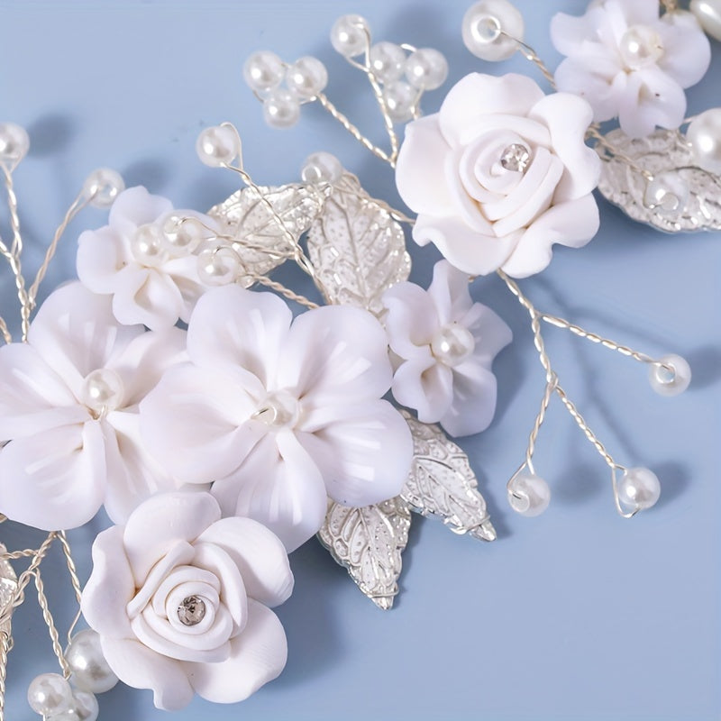 Beautiful Flower Bride Wedding Hair Vine with Pearl and Leaf Accents - Elegant Rhinestone Headband for Women, Ideal for both Special Occasions and Everyday Wear