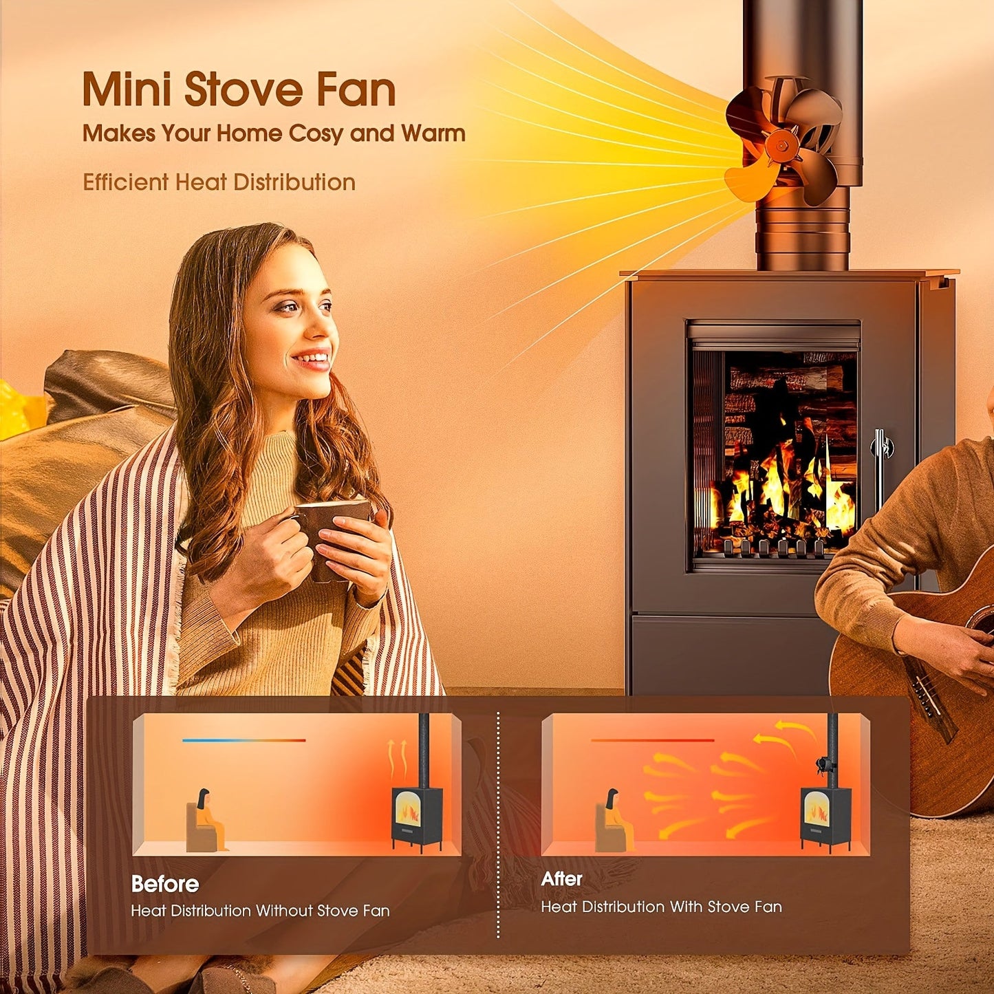 Heat Powered Stove Fan — это магнитный дымоходный каминный вентилятор с 4 лопастями, подходящий для дровяных печей, не требующих электричества. Этот бесшумный Ecofan предназначен для циркуляции тепла от газовых, дровяных или пеллетных печей.