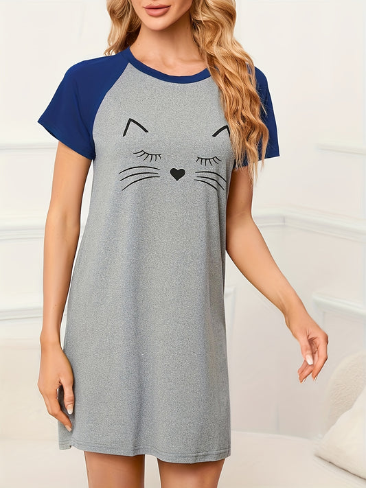 Casual women's dress with playful cat print and color block design, made of soft, machine washable polyester blend - suitable for all seasons.