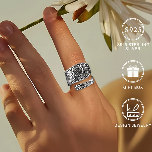 925 Sterling Silver Spoon Ring with Boho-Chic Sunflower & Cherry Blossom Design, Vintage Style, Ideal for Everyday Wear or Gifting in a Stylish Gift Box, Decorated with Cherry Blossoms, Bohemian Vibe, Lightweight 6g, Premium Quality