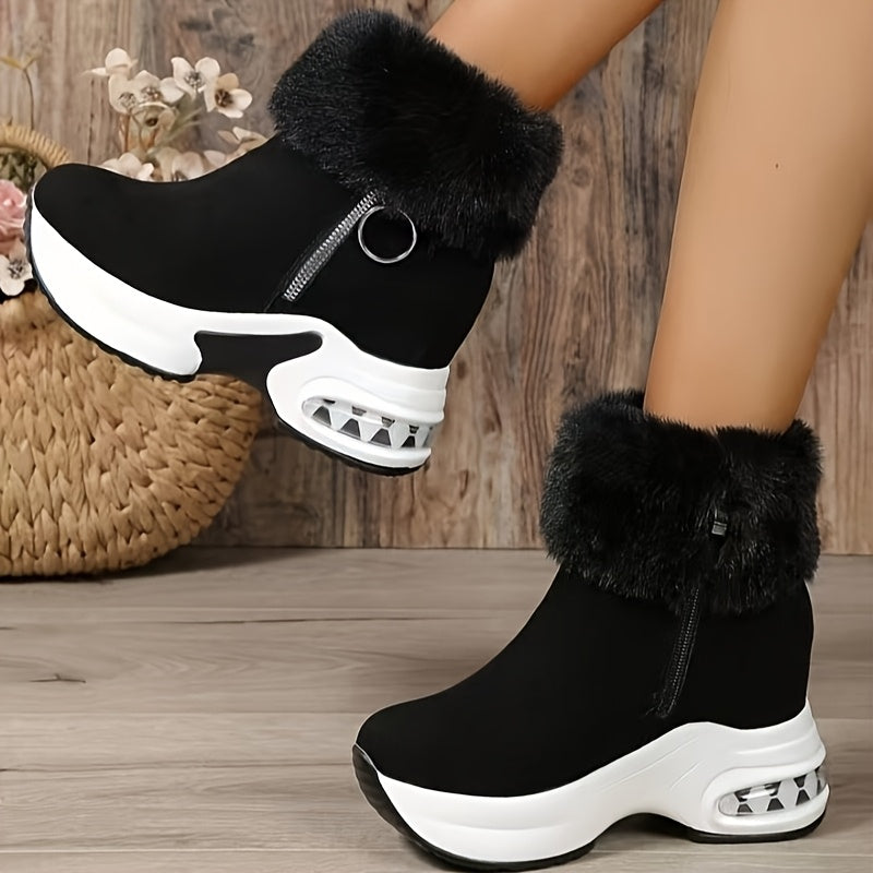 Winter boots for women with fleece lining, cozy and warm, thick sole, side zipper, round toe, mid-heel.