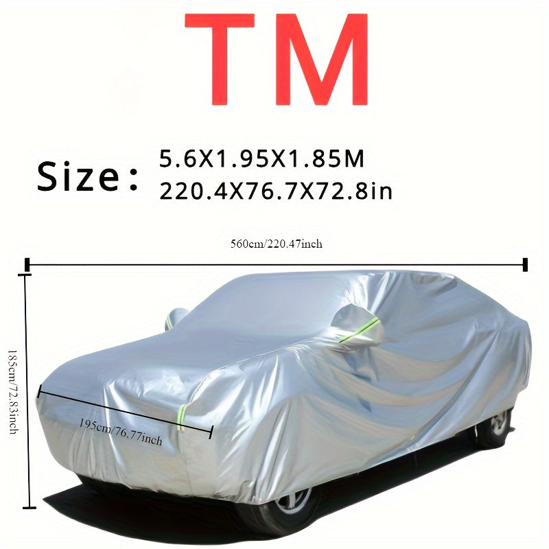 Car cover with UV and dust protection, suitable for cars, pickups, SUVs, and hatchbacks. Features reflective strip for added protection. Suitable for outdoor use.