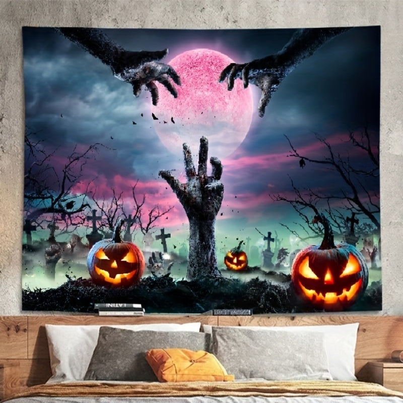 Spooky Halloween Tapestry featuring Tomb Hands, Carved Pumpkins, and Haunting Magical Background – Perfect for Halloween Home Decor