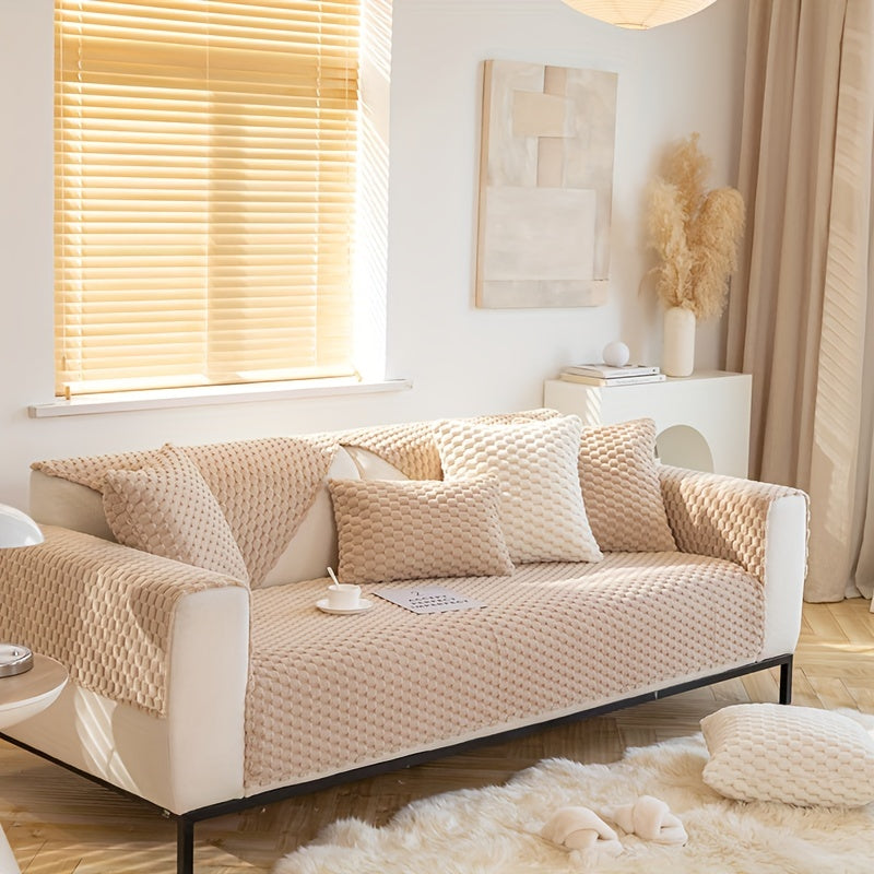 Modern sofa slipcover is stylish and pet-friendly, non-slip for all seasons, fits single to four-seater sofas, machine washable, includes square cushion, backrest, and armrest.