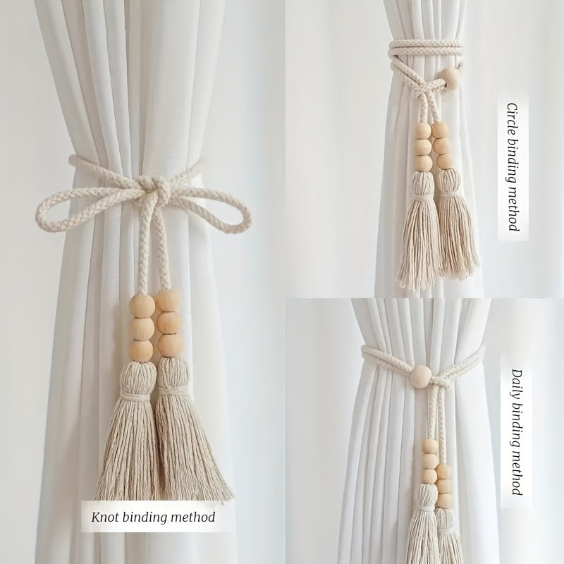 Set of 2 Bohemian Style Wooden Bead Curtain Tiebacks with Tassels - Stylish Holdbacks for Living Room, Bedroom, Kitchen Décor