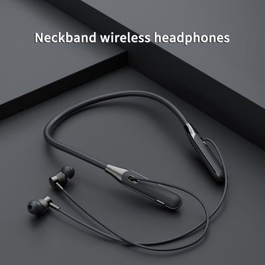 Sleek black wireless neck headphones for running with tangle-free cable, Type-C charging, 12-hour battery life, and adjustable neckband.