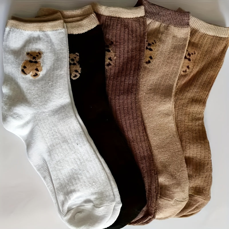 5 pairs of cute cartoon bear embroidered crew socks for women made from soft, breathable polyester knit with spandex. Hand wash recommended. Ideal for casual or sports wear.