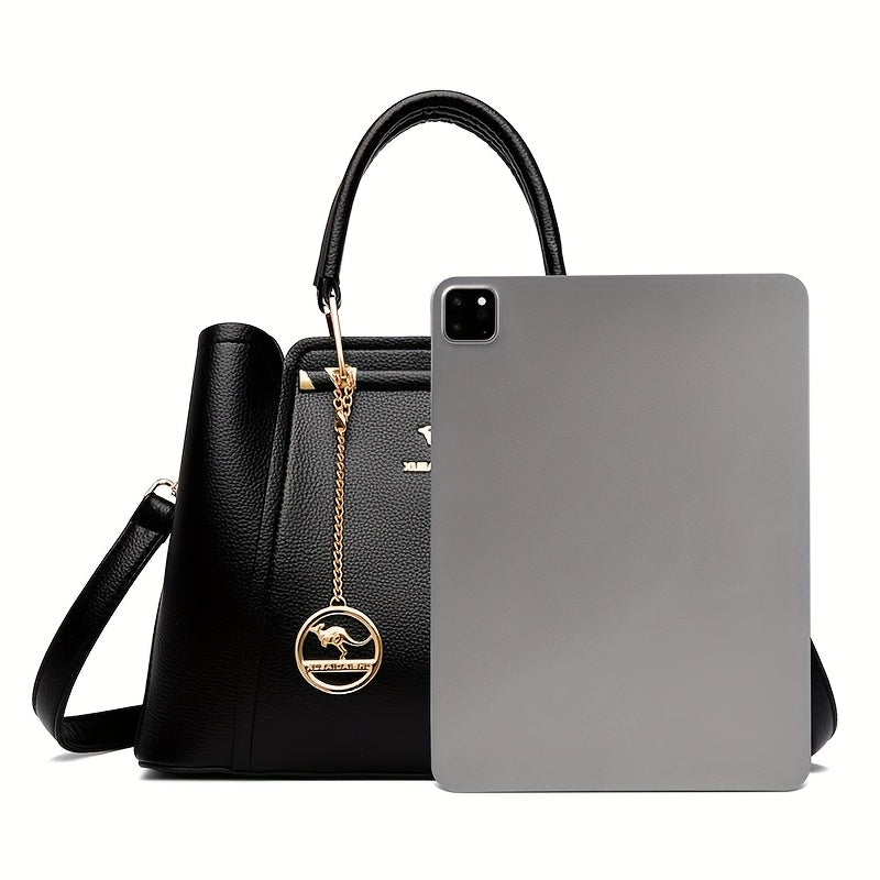 Stylish black synthetic leather handbag for women, with detachable shoulder strap, golden-tone hardware, and anti-theft design. Perfect for work, parties, and gifts.