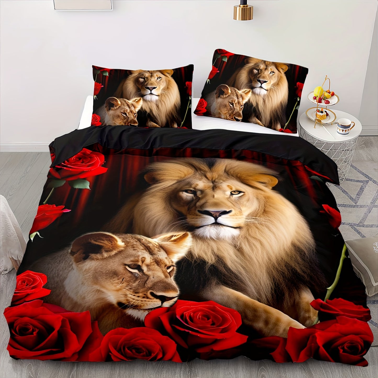 2/3pcs Duvet Cover Set, Soft and Comfortable featuring black lion duvet cover set in king size, lion twin bedding set for boys, 3d animal print duvet cover in queen size, and red rose queen