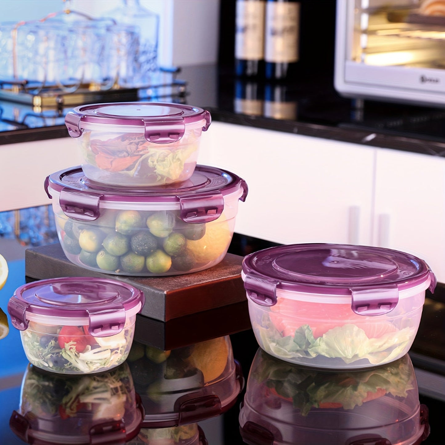 Set of 4 Storage Boxes, Contemporary Round Style for Fresh Food Storage, Convenient and Portable Containers for Refrigerator and Microwave Use, Perfect for Picnics, Camping, Back to School Supplies.