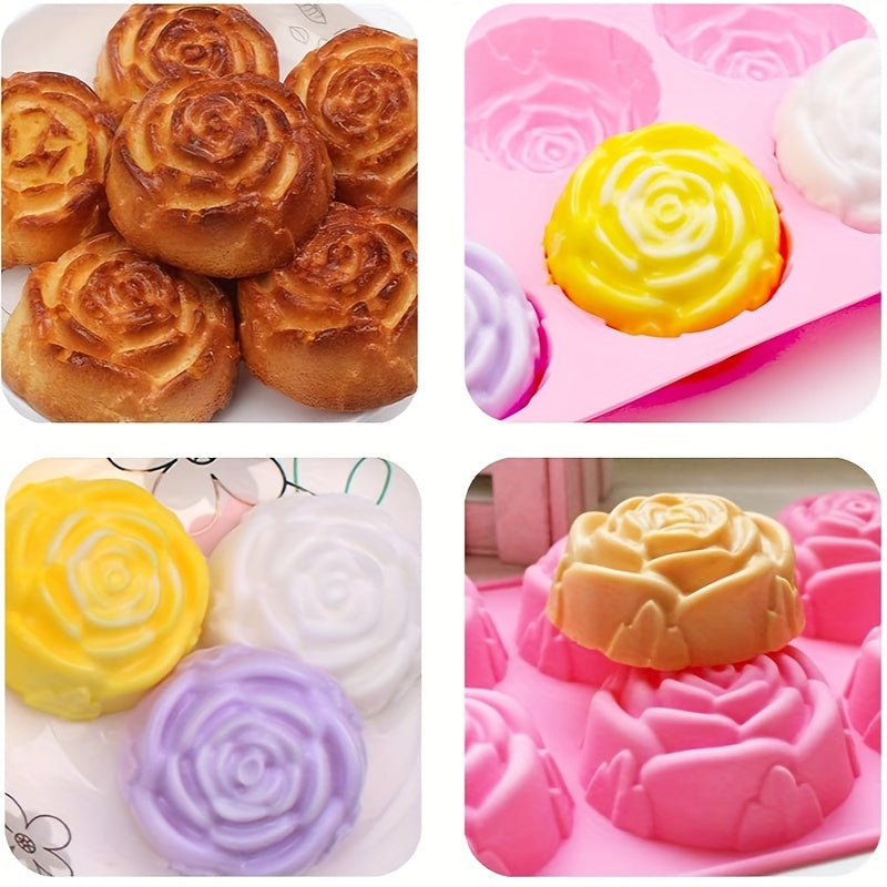 Silicone Rose Cake Mold with 6 Cavities in Pink - Heat Resistant, Ideal for French Desserts, Jelly, Pudding & Soap Making - Baking Tool for Valentine's Day & Christmas, Baking Accessories for DIY Crafters.