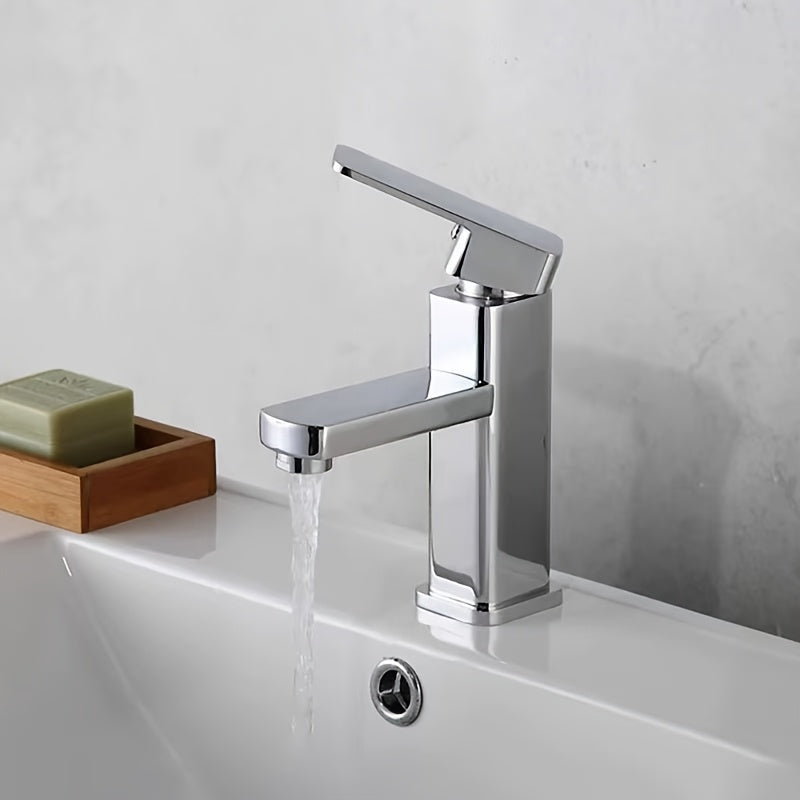 Stylish square faucet featuring an electroplated finish, perfect for basin hot and cold water control. This single-hole bathroom sink tap is ideal for washing hands and face effectively.