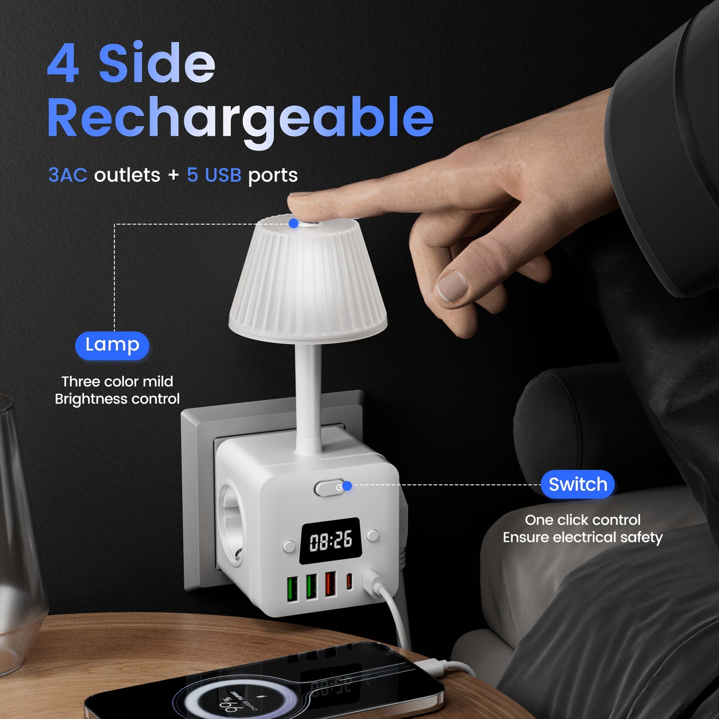 Lamp with Power Outlets and Digital Clock - 3 AC power outlets, 3 USB-A ports, 2 USB-C ports, surge protection, perfect for homes, kitchens, and bedrooms.