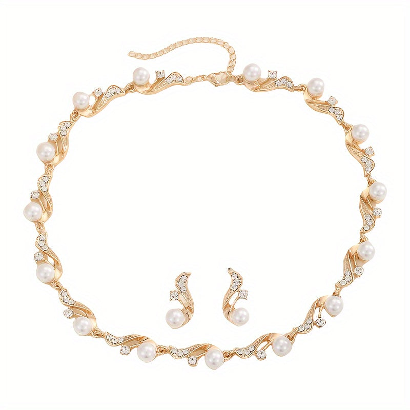 This elegant two-piece set includes a water-drilled imitation pearl necklace and matching earrings, perfect for women who love light luxury and versatility. The necklace can be worn as a sweater chain or a clavicle chain, and is adorned with golden