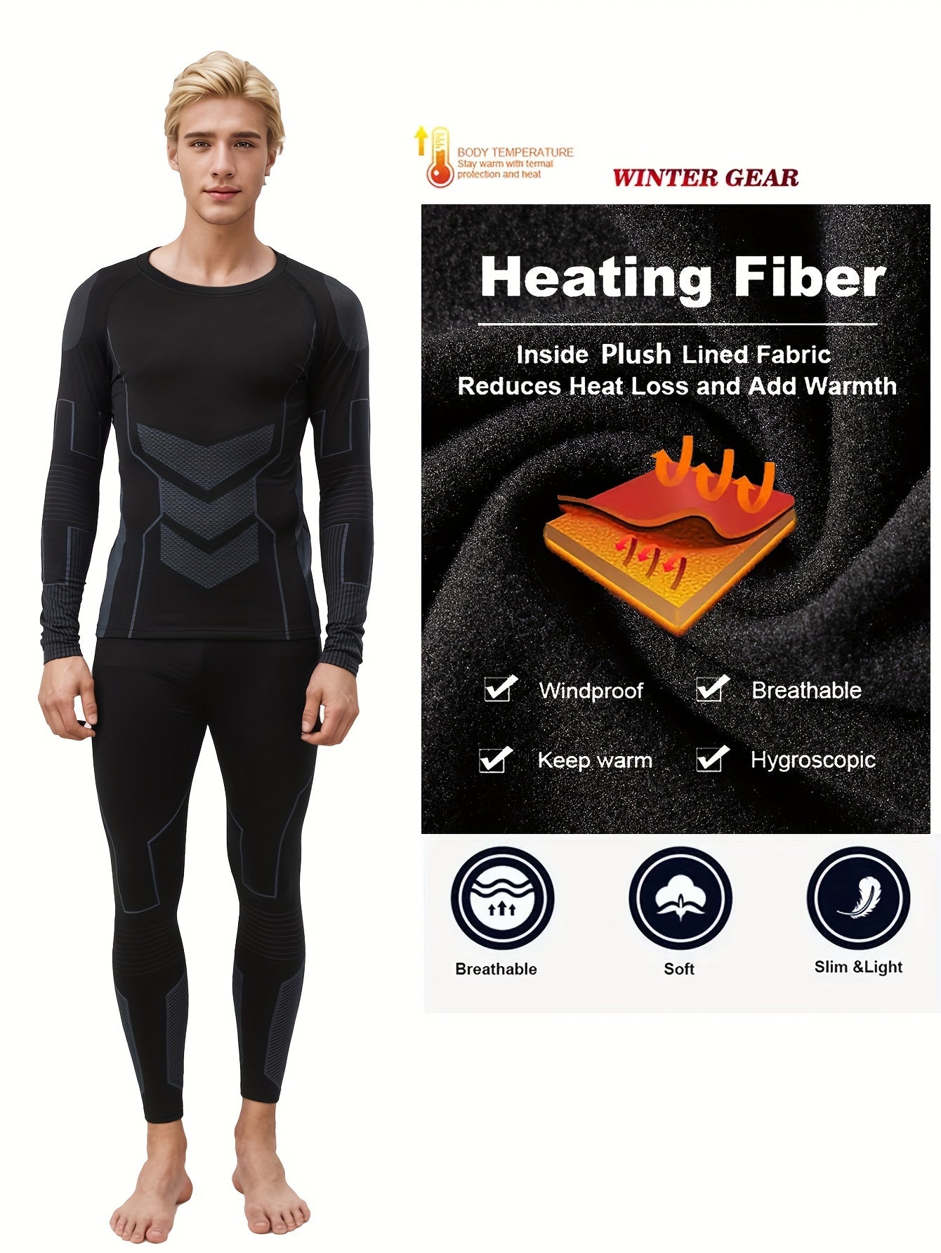 Men's thermal underwear set made of a polyester/spandex blend with tight-fitting, breathable, quick-drying knit fabric for daily wear in autumn/winter.