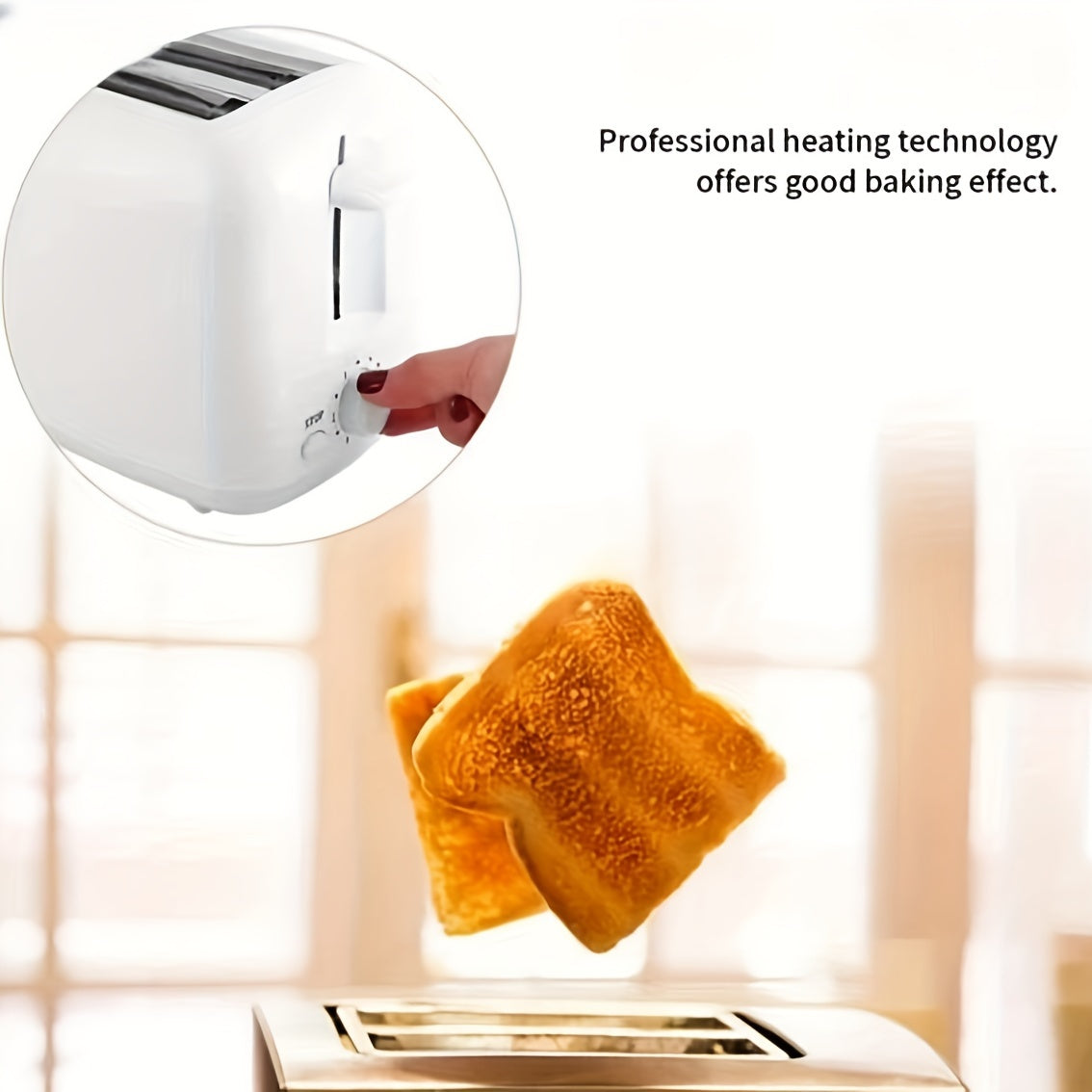 European standard 2-slice stainless steel toaster with auto shut off, extra wide slots, defrost & reheat function, knob control and removable crumb tray in white. Suitable for toasting