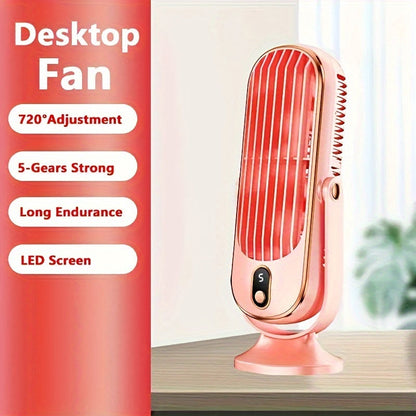 TENGQU Portable USB Desktop Fan - Dual Blade, 5-Speed Adjustable with 360° Rotation, Perfect for Home, Office, Travel, and Camping.