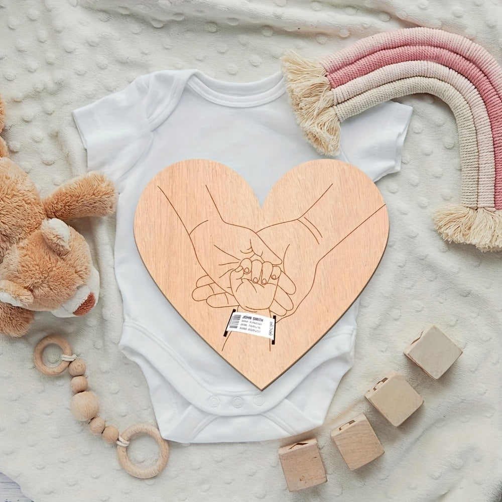 Wooden birth bracelet keepsake with round and heart-shaped engraved memorial plaque - a perfect Mother's Day gift and family keepsake. Great holiday decoration or shower gift.