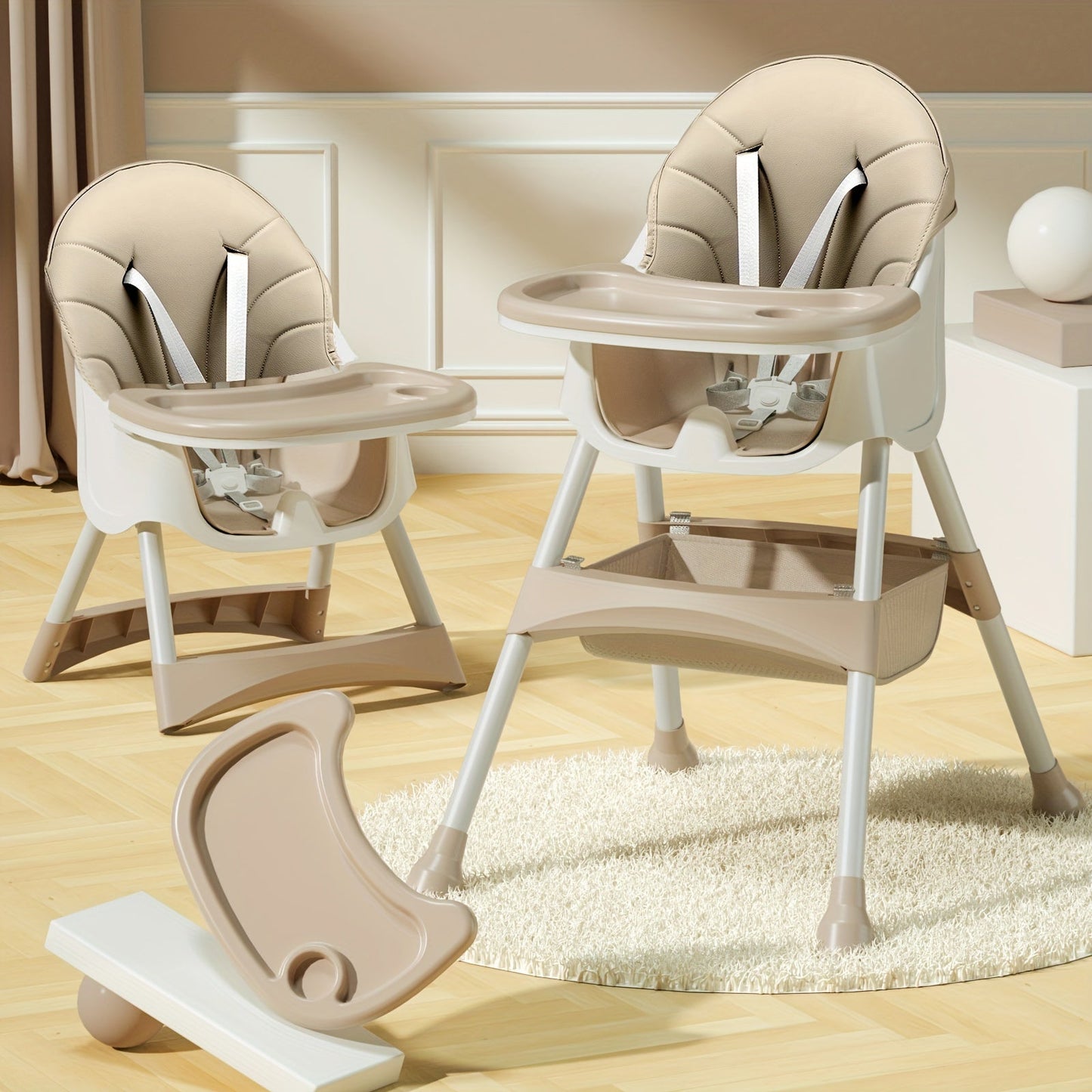 The Cochildor 3-in-1 Convertible High Chair is a versatile option for your baby, featuring a PU leather baby booster seat that can be adjusted to accommodate toddlers. This adjustable toddler dining chair comes with a tray, safety harness, and is