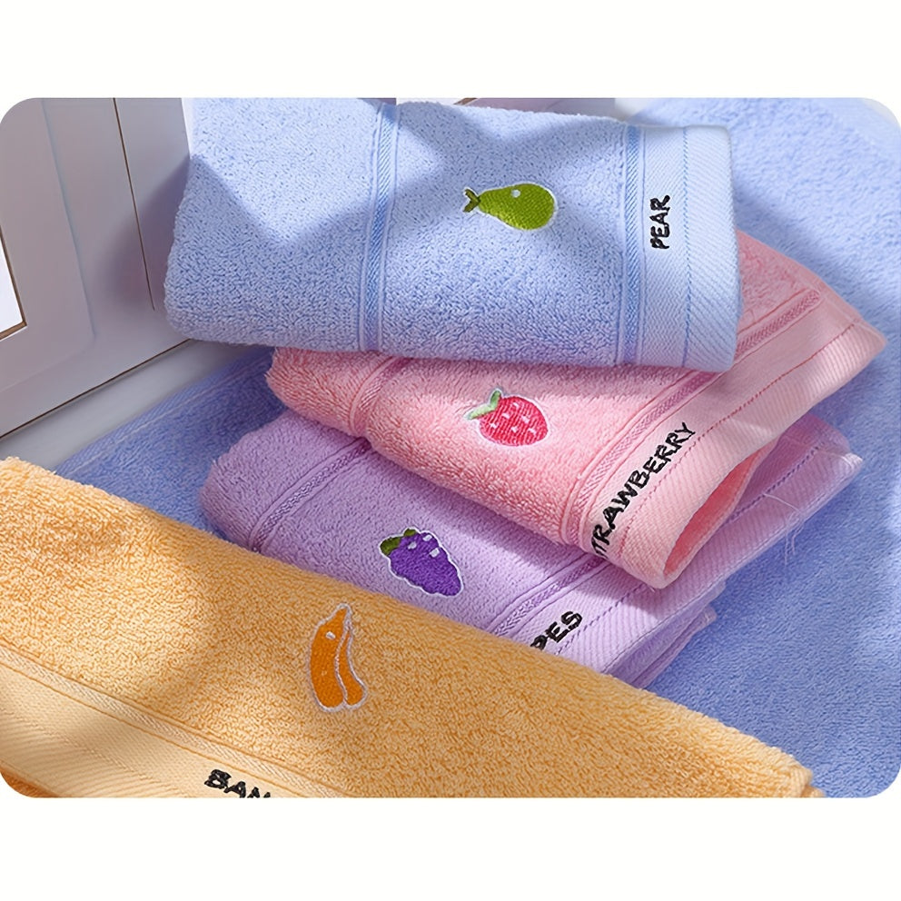 4-Pack of fruit embroidered hand towels, made of super soft knit fabric, 400gsm, hand wash only, perfect for daily use.