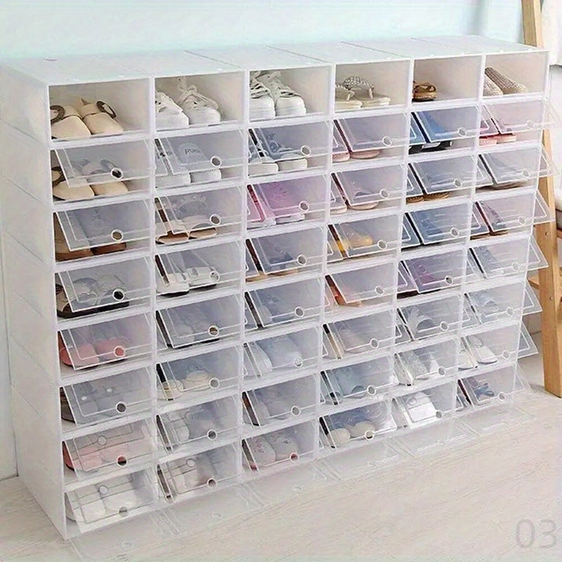 6 transparent shoe box storage containers offer dust and moisture protection, ideal for organizing and storing shoes while conserving space in your shoe cabinet.