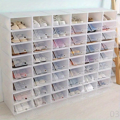 6 transparent storage boxes for shoes, designed to keep your footwear dust and moisture-free. These space-saving plastic shoe cabinets are perfect for organizing your shoe collection.