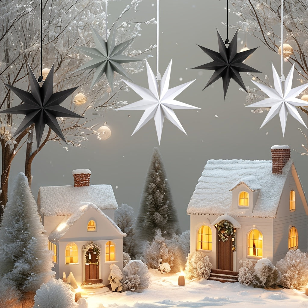 3 black, grey, and white 3D paper star lanterns, each measuring 30.48cm, ideal for Christmas and Xmas party decorations indoors.