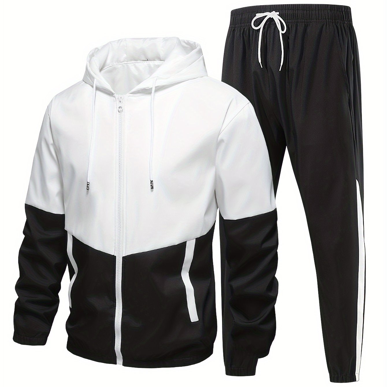 Men's tracksuit set with hooded jacket and long pants made of 100% polyester. Features solid color woven fabric, non-stretch regular fit, suitable for all seasons.