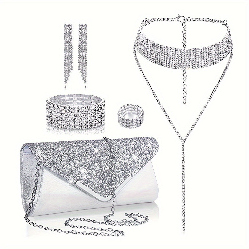 This luxurious jewelry set includes one pair of earrings, one bracelet, one ring, one necklace, and one purse. Each piece is elegantly designed with silver plating and adorned with sparkling rhinestones for a truly stunning look.