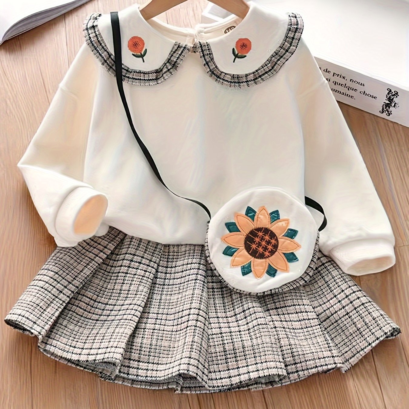 Girls' Cotton Skirt Set with Embroidered Top & Plaid Skirt - Casual, Easy-Care, Non-Transparent