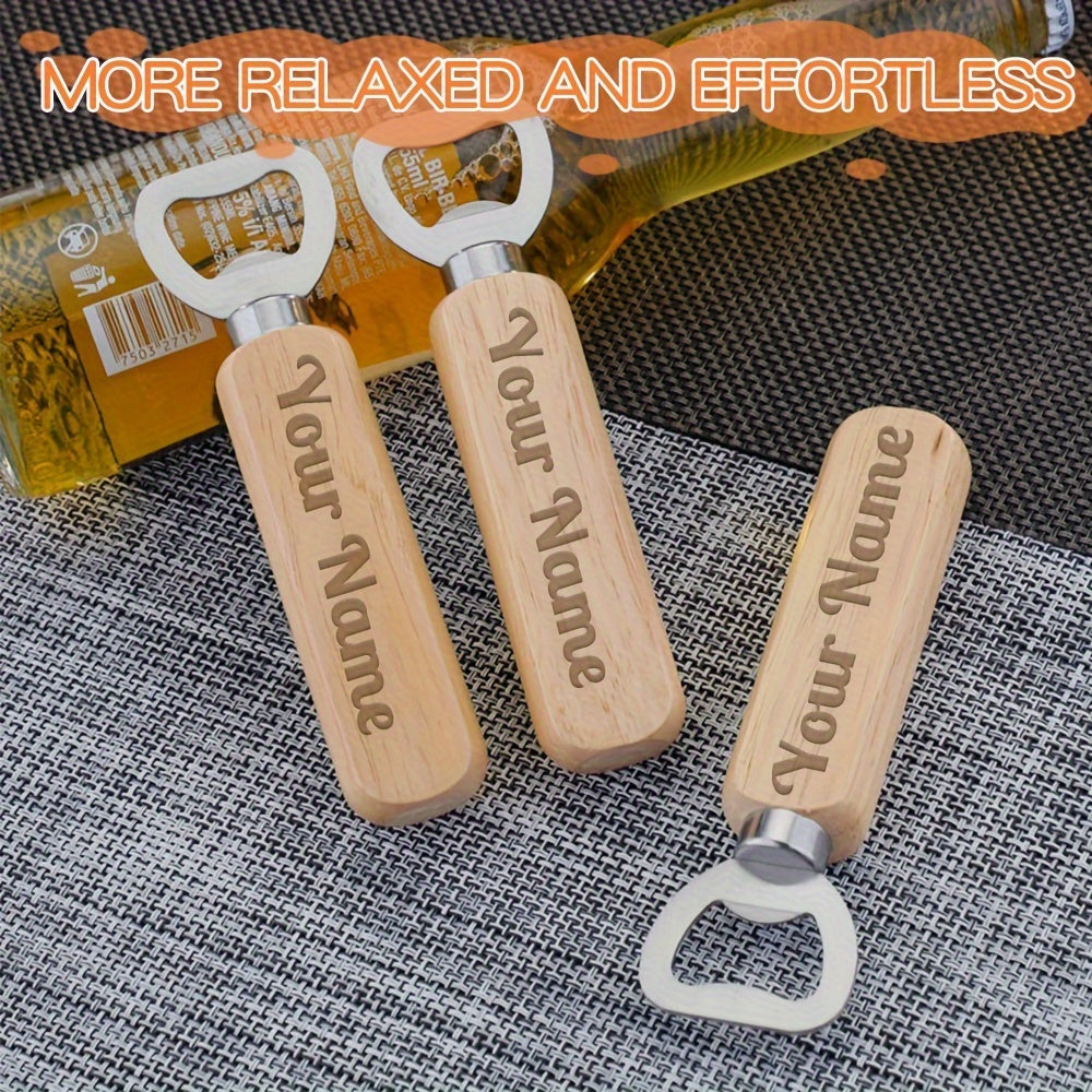 Custom engraved wooden beer bottle opener with stainless steel blade, perfect for any occasion.